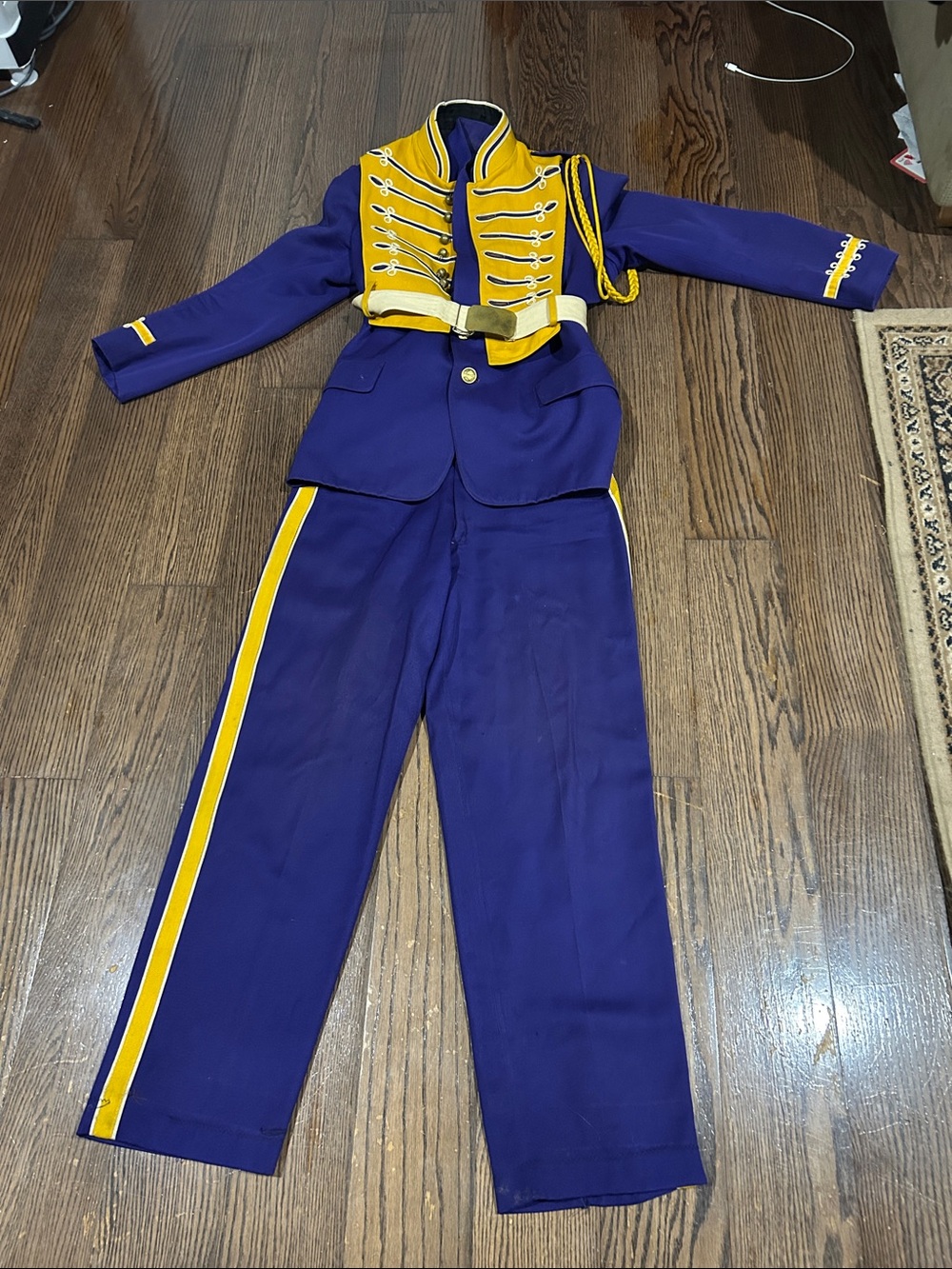 Vtg Marching Band Uniform Purple & gold UW LSU belted jacket pant ropes S-M